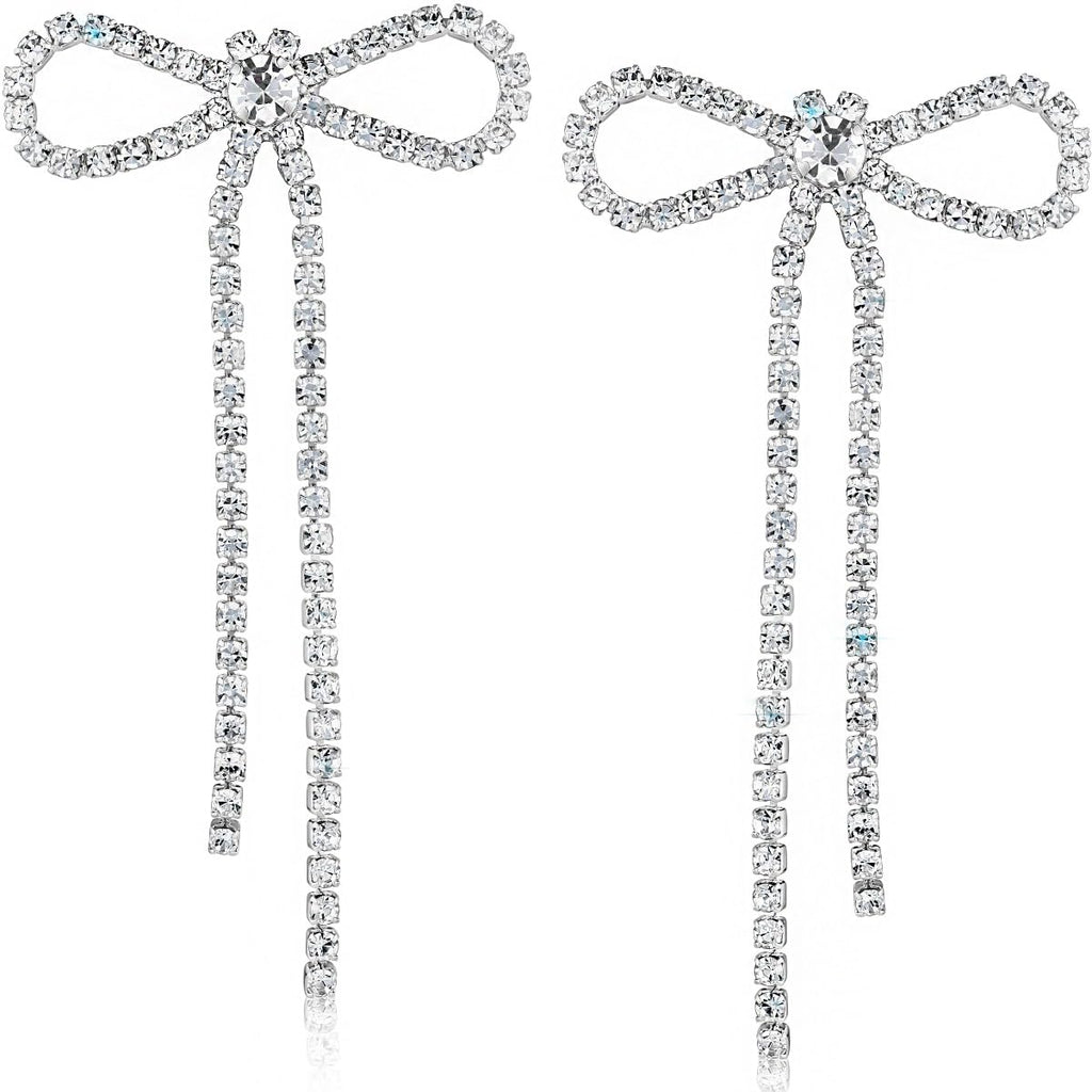 Silver Bow Earrings for Women - Long Silver Earrings for Women Silver Tone Bow Stud Earrings for Women Dangling Earrings for Women Sparkly Dangle Earrings Bow Earrings Silver Statement Earrings