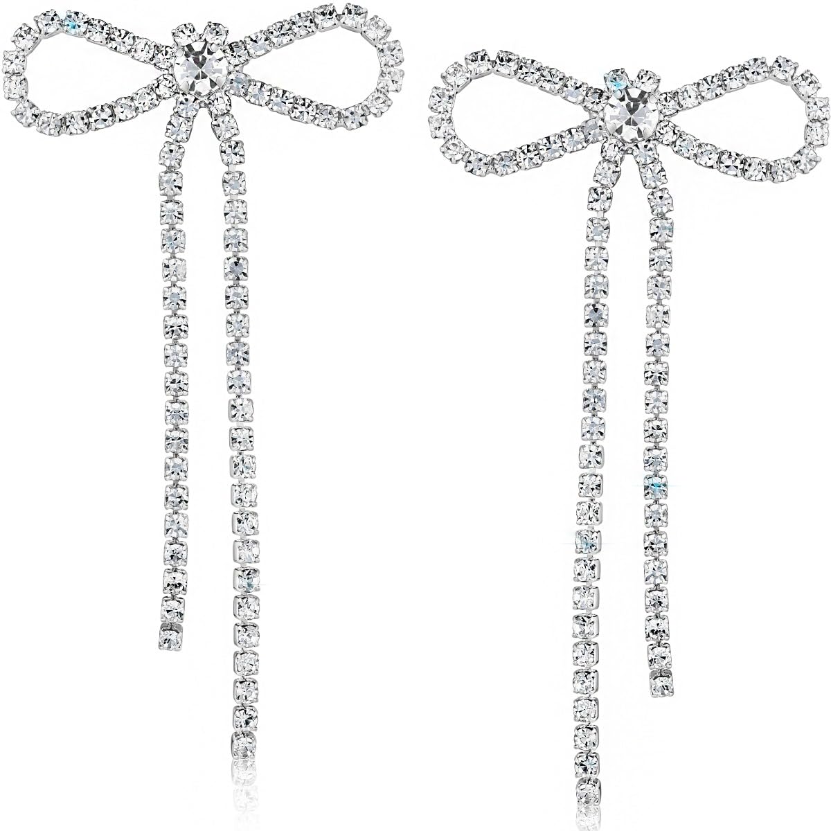 Silver Bow Earrings for Women - Long Silver Earrings for Women Silver Tone Bow Stud Earrings for Women Dangling Earrings for Women Sparkly Dangle Earrings Bow Earrings Silver Statement Earrings